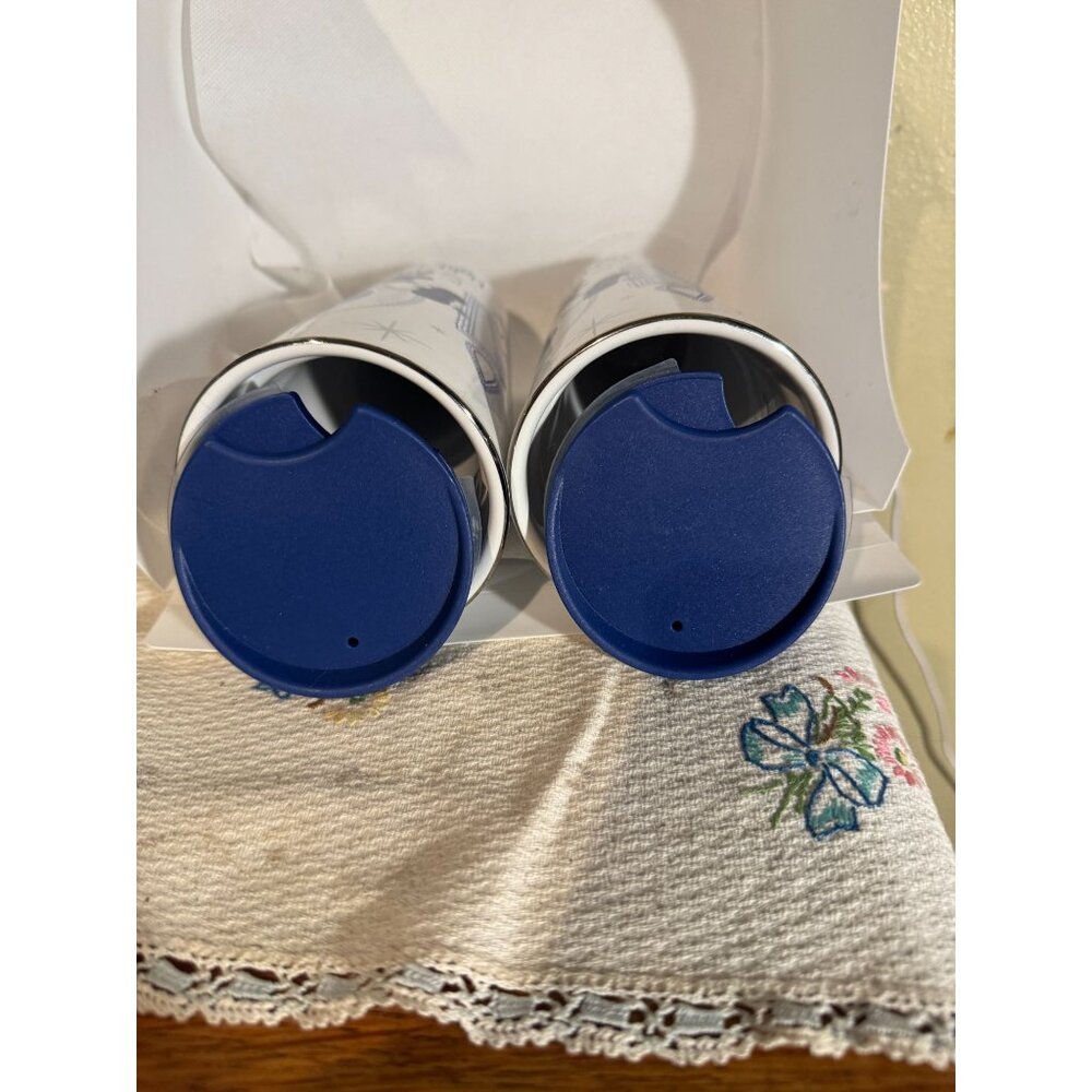 Disney Stoneware Tumblers 14 Oz With Mickey & Minnie Winter Design Blue & White - Picture 3 of 10